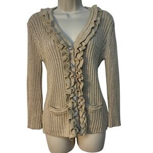 Ruby Rd Long Sleeve V-Neck Button-Up‎ Cardigan Ruffled Front Color Beige Size L